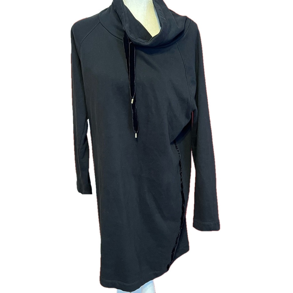 Ralph Lauren Black Cowl Neck Long Sleeve Sweater Dress with Velvet Accents Large